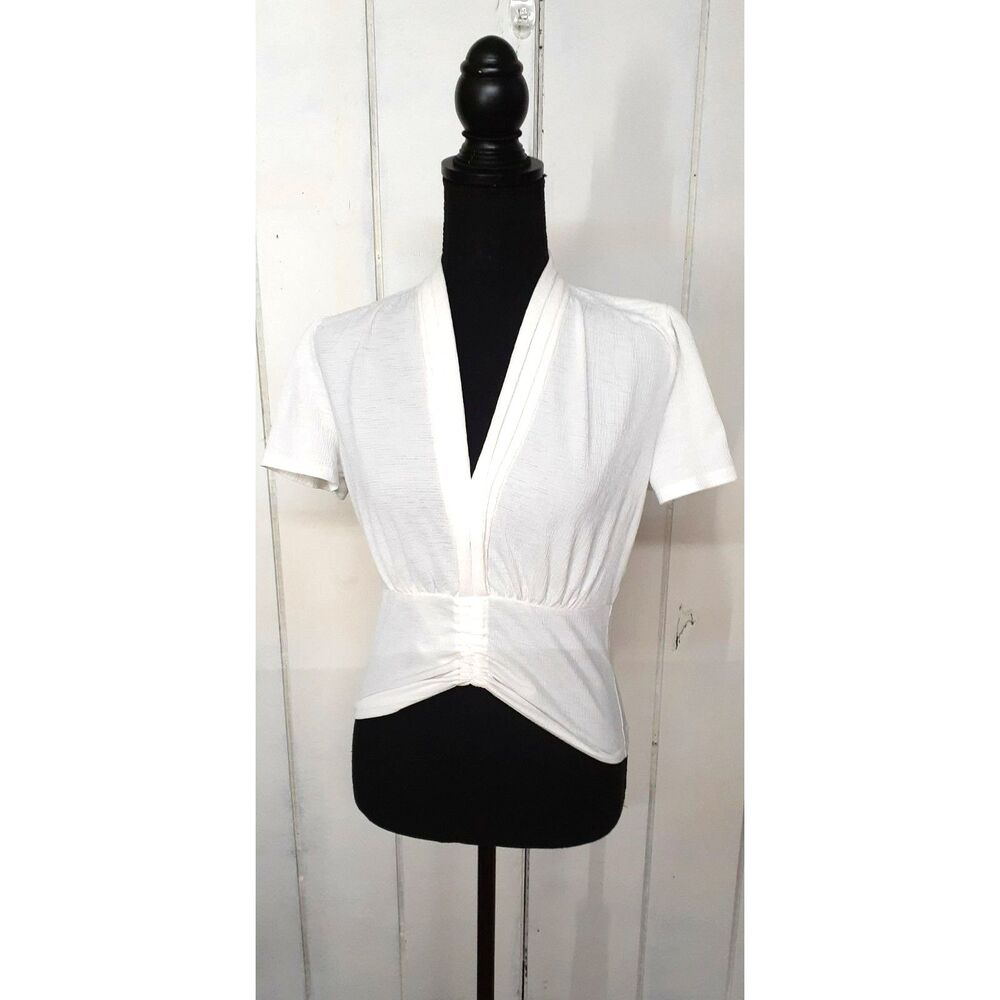 INC Blouse Women's White  Size XS Ruched waist V Neck #385